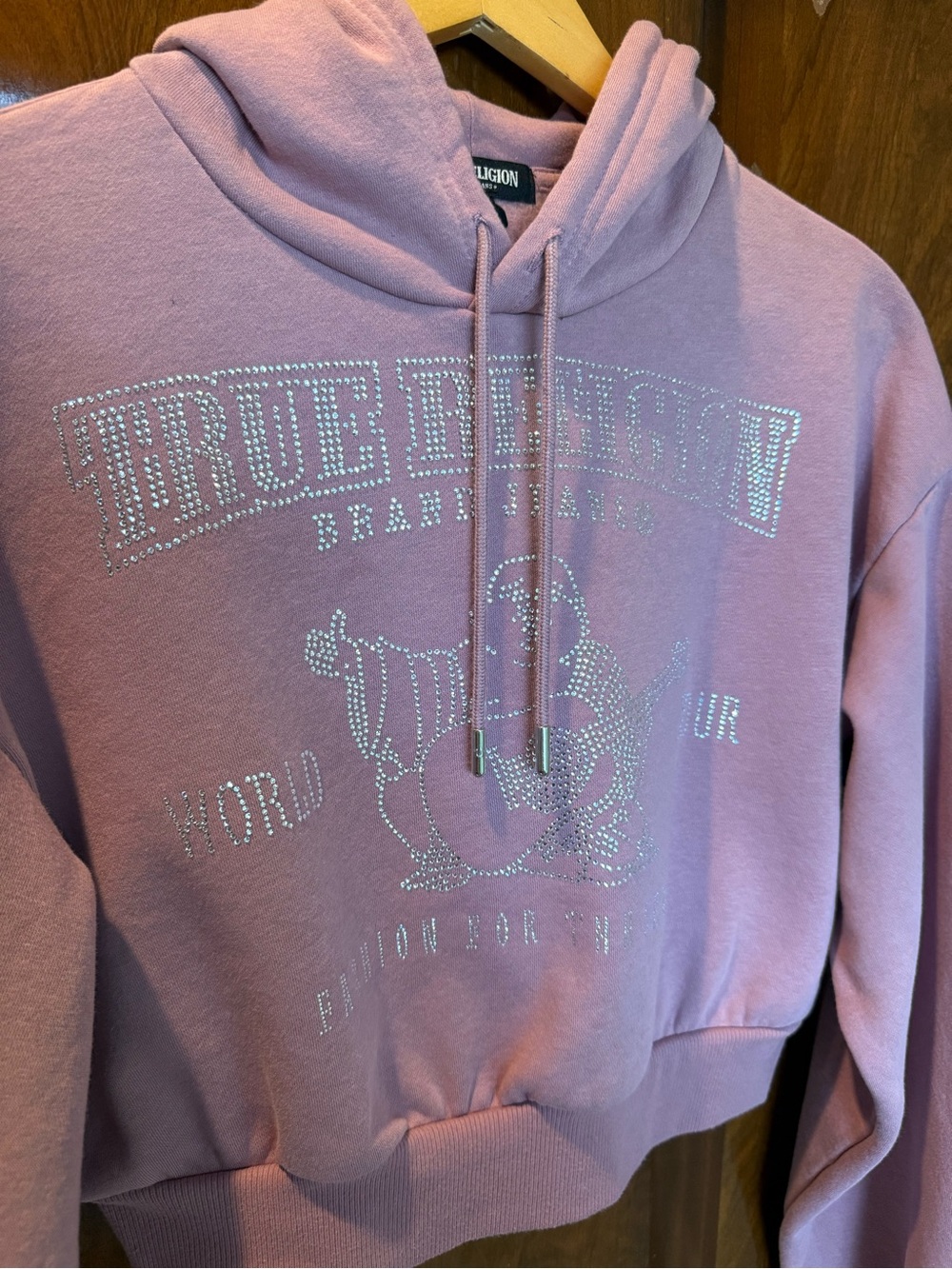True Religion Dusty Rose Crystal Rhinestone Cropped Pullover Hoodie Shrunken - Picture 2 of 11